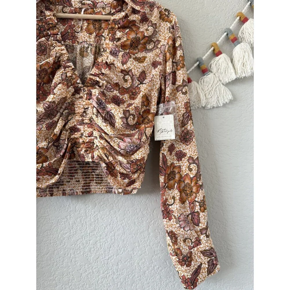 Free People I Got You Printed Top Orange Floral Ruched Boho Fall Coquette NWT XS